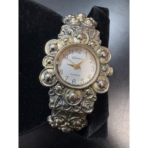 Vintage Geneva Cuff Watch Bronze Tone Stainless Steel Floral Pattern White Dial - Picture 2 of 5